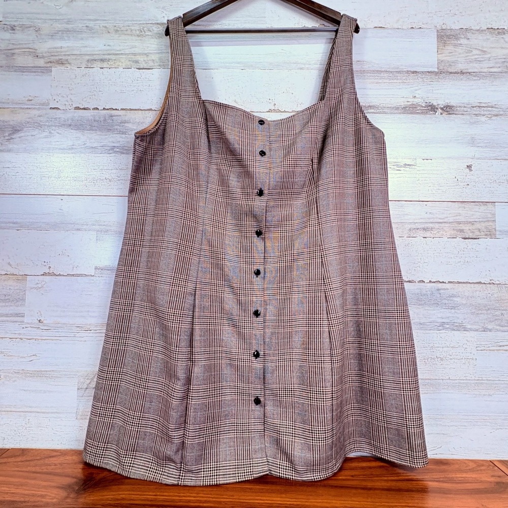 CIDER Tan Gray Plaid Square‎ Neck Button Front Mini Dress Plus Size 4XL NEW